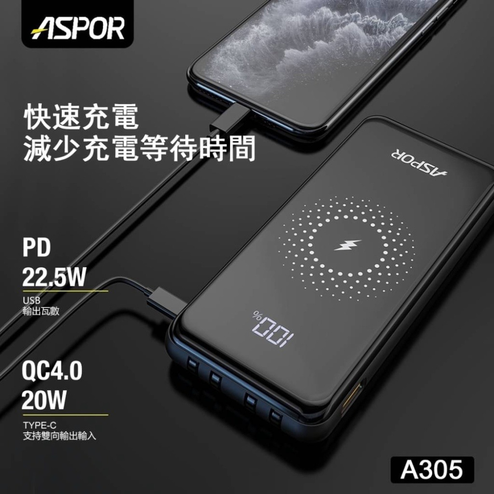 ASPOR13000mAh 行動電源 黑 - 數位顯示 自帶4線 快充PD+QC-細節圖3