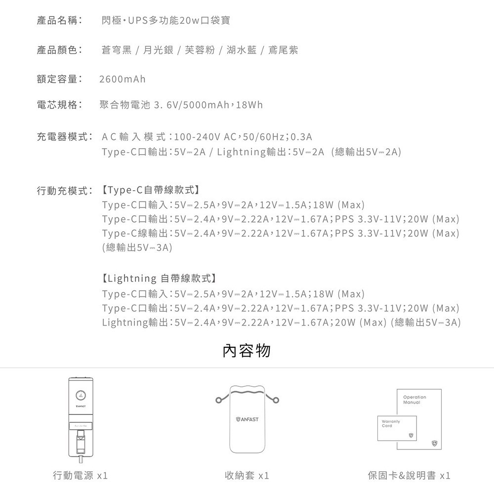 ￼ANFAST UPS 多功能20w口袋寶 5000mAh 快充行動電源-細節圖4