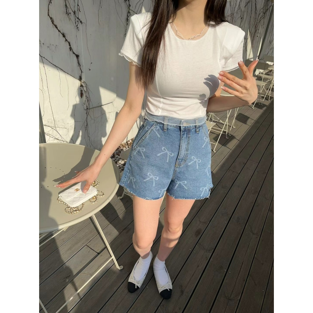 6月預購-韓國🇰🇷印刷蝴蝶結不修邊但很修身短褲-細節圖6