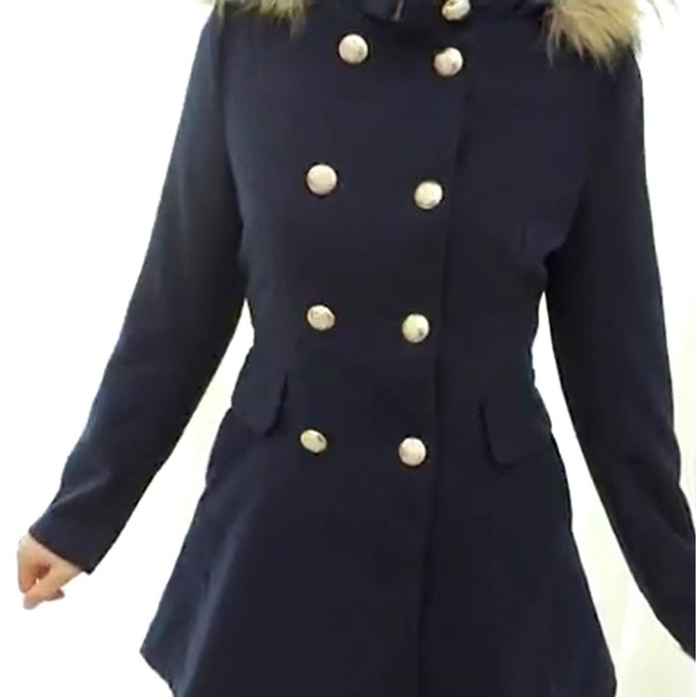 【二手】EYESCREAM 雙排金扣 連帽 毛領 外套 深藍色 M碼【大衣 / 風衣 / 韓系 /學院風 / 森女】-細節圖3