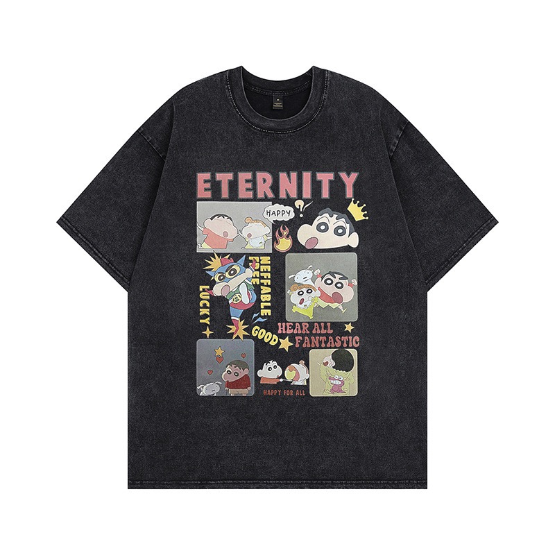 水洗短袖 t恤 蠟筆小新 野原新之助 小白 動感超人 動漫 卡通 日本 搞笑 惡搞 美式 籃球 慢跑 做舊-規格圖5