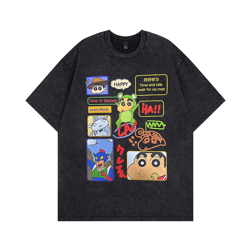 水洗短袖 t恤 蠟筆小新 野原新之助 小白 動感超人 動漫 卡通 日本 搞笑 惡搞 美式 籃球 慢跑 做舊-規格圖5