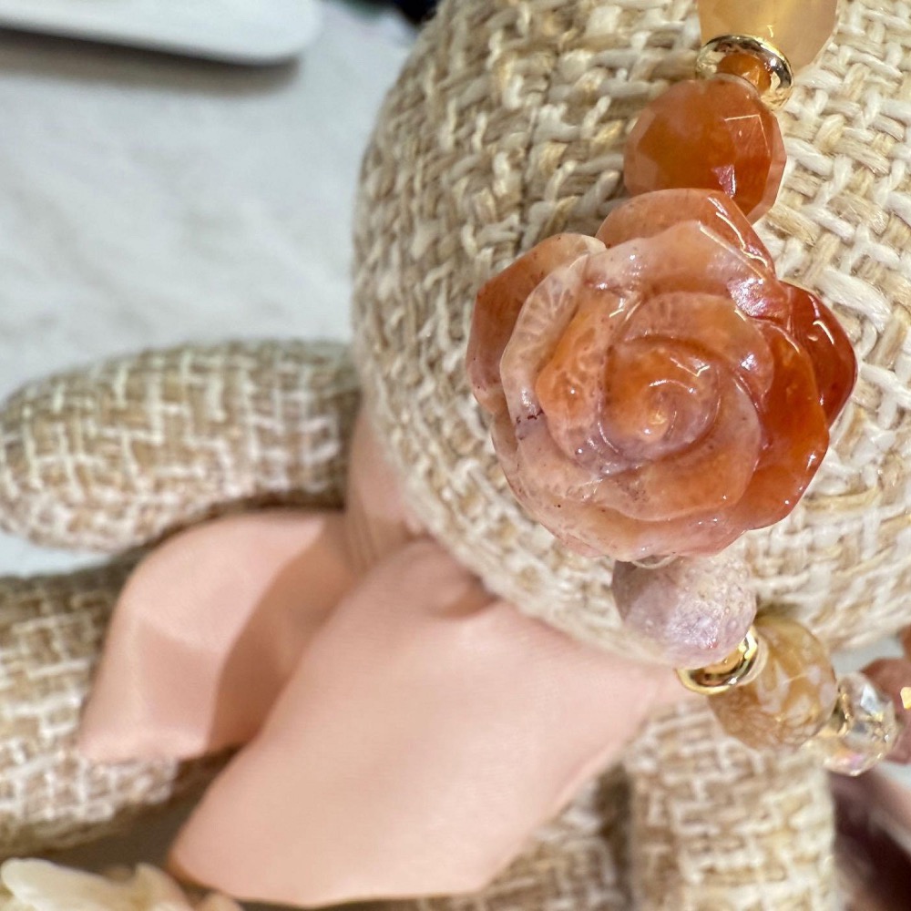 🌹 甜蜜好運：珊瑚玉兔子・玫瑰花單圈手鍊 💖-細節圖6