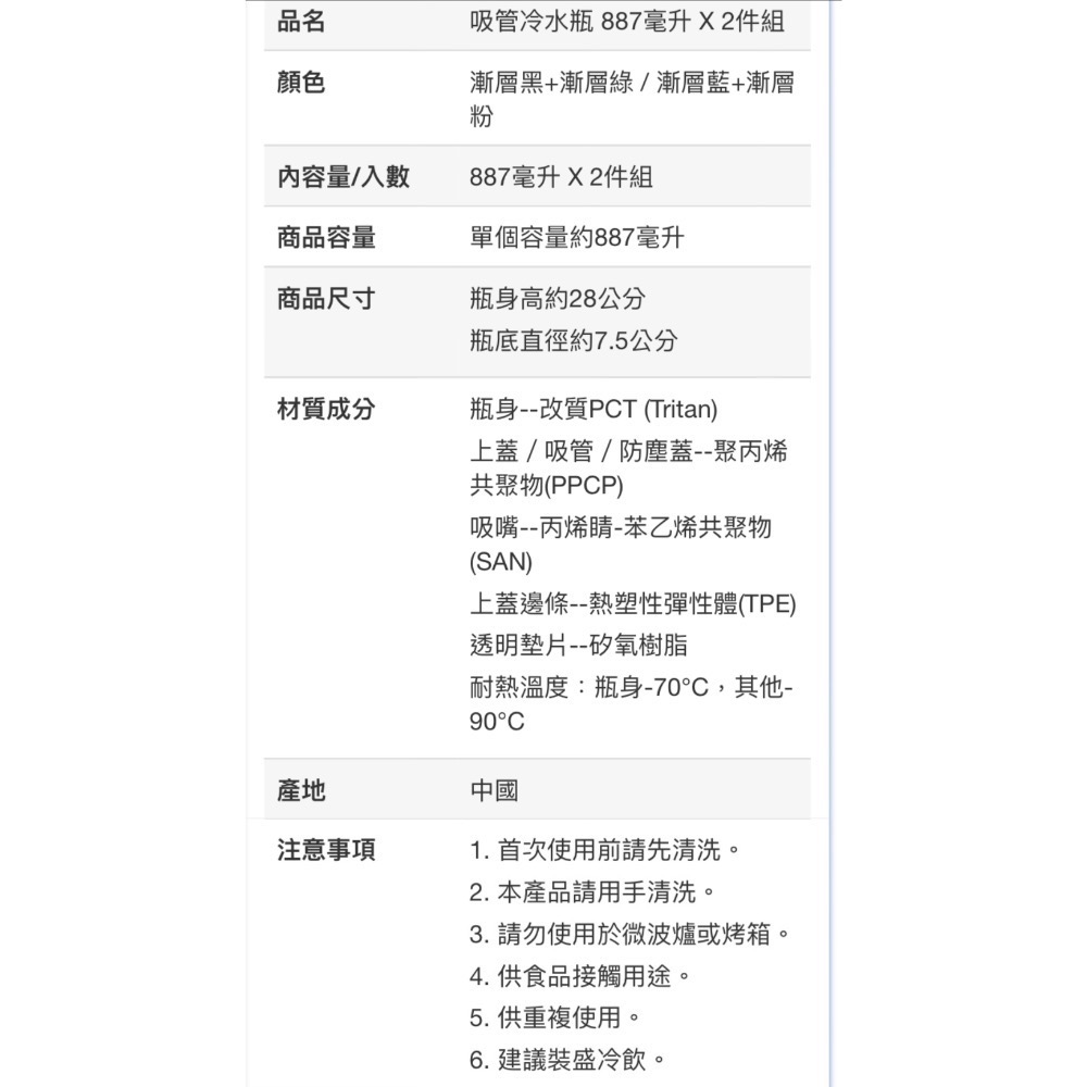 🎉現貨特價！TRITAN 吸管冷水瓶2件組 單個容量約887毫升-吉兒好市多COSTCO代購-細節圖11