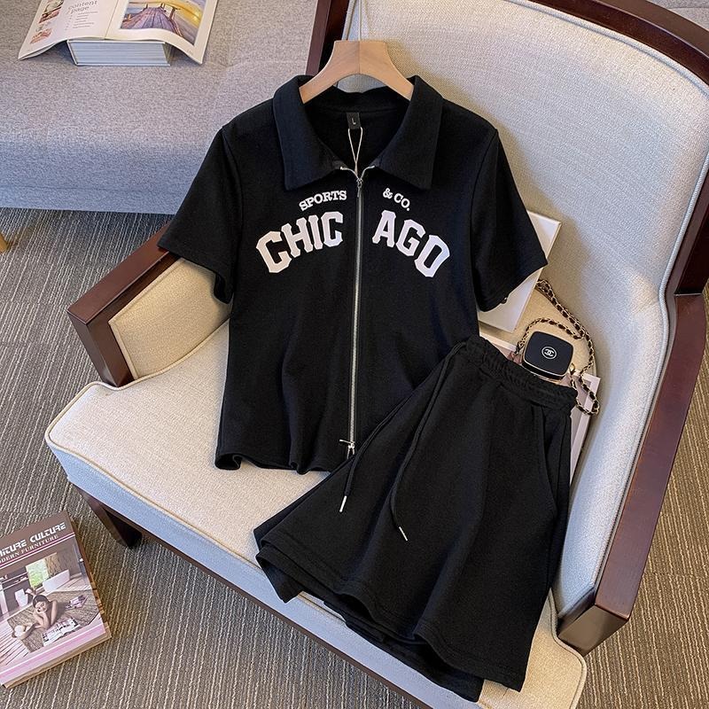 ★女裝☆中大尺碼套裝 夏季新款百搭開襟衫休閒Polo領 休閒套裝-規格圖3