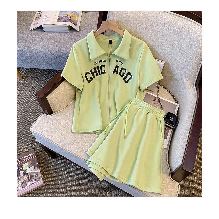 ★女裝☆中大尺碼套裝 夏季新款百搭開襟衫休閒Polo領 休閒套裝-規格圖3