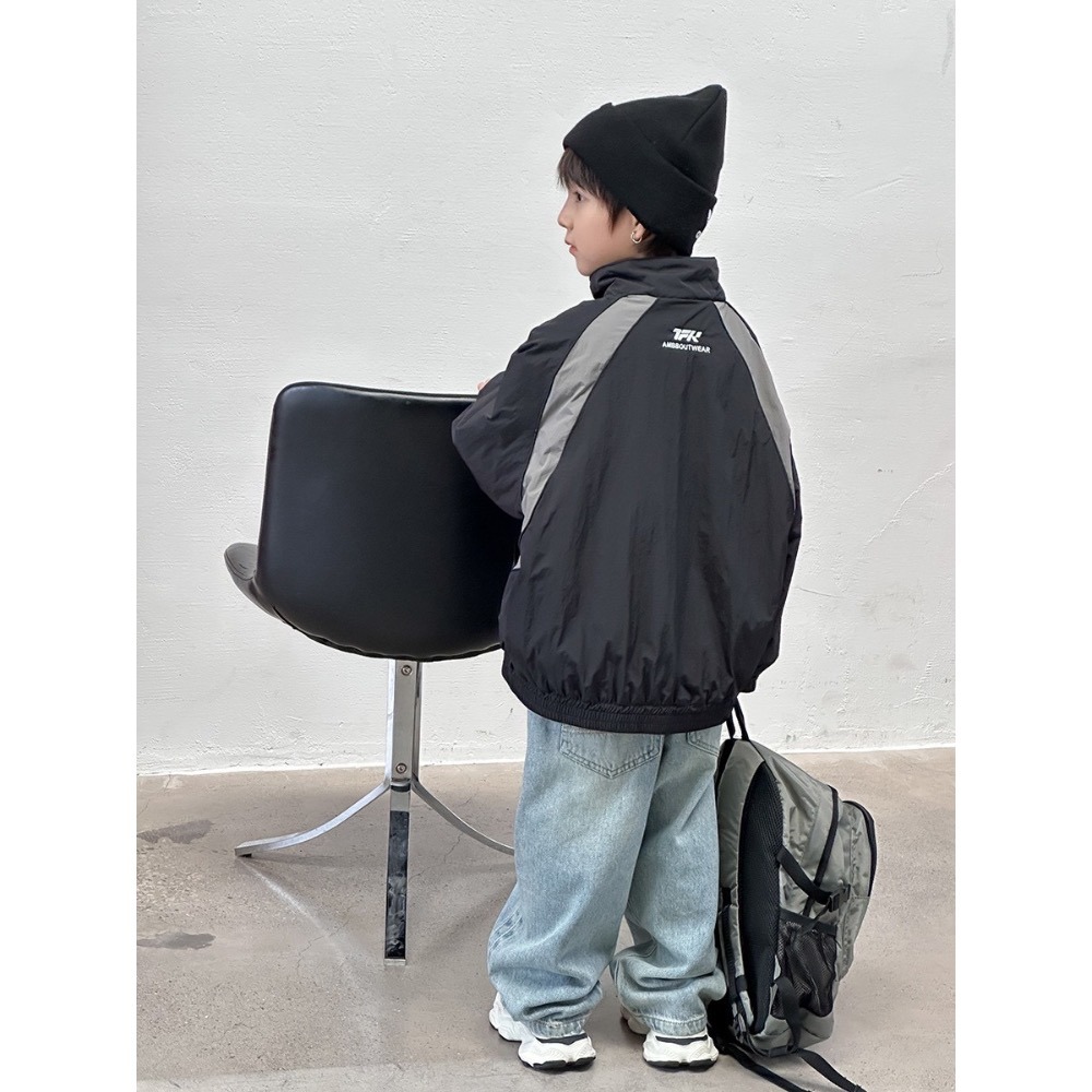 Ambb.kids 秋冬兒童砂洗棉做舊牛仔彎刀褲-細節圖2