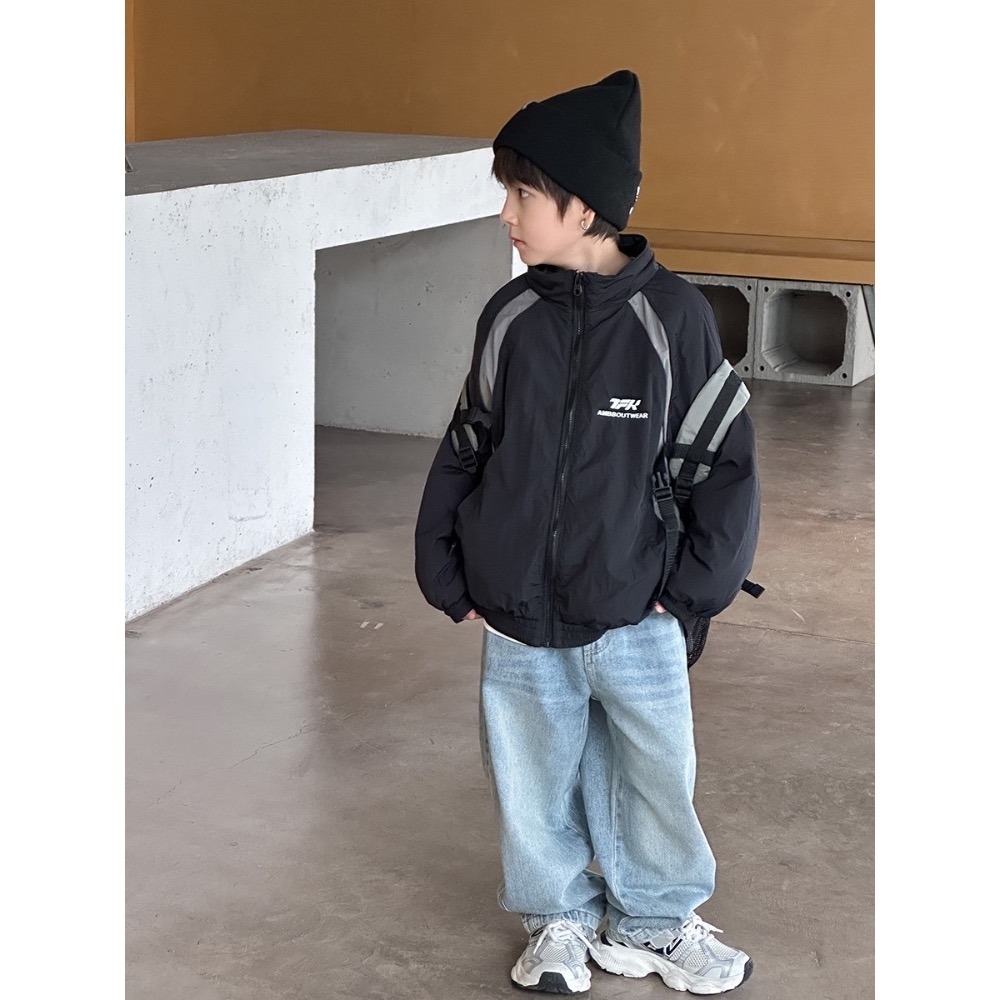 Ambb.kids 秋冬兒童砂洗棉做舊牛仔彎刀褲-細節圖3