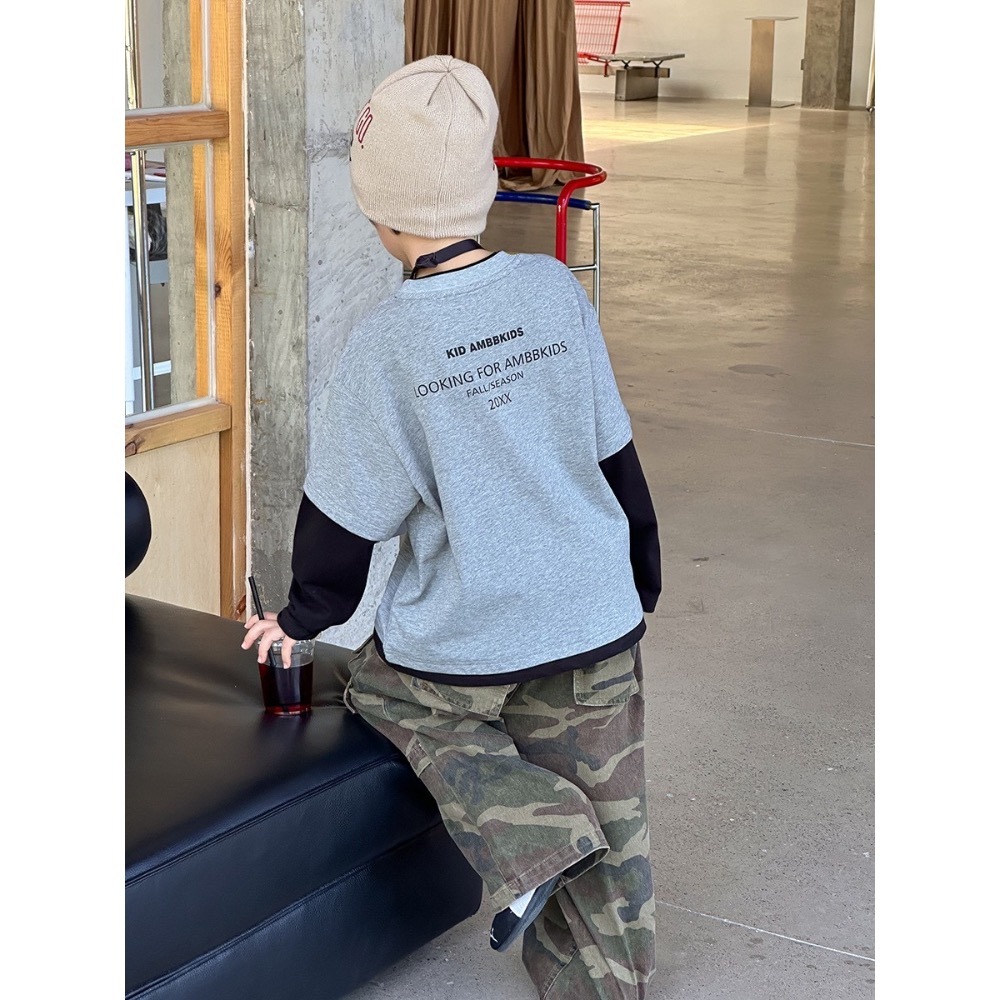 Ambb.kids 秋冬兒童撞色字母假兩件上衣-細節圖2