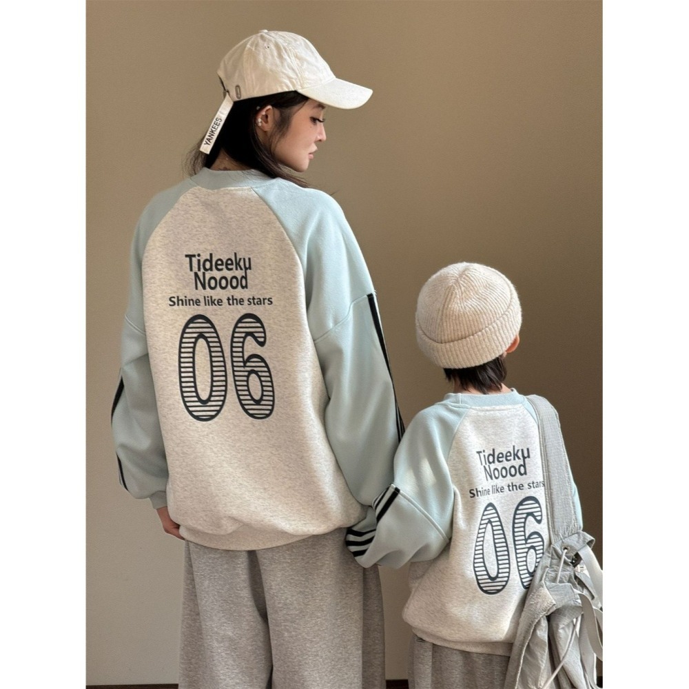 親子裝秋冬拼色字母數字圓領衛衣(不加絨)-兒童-細節圖2