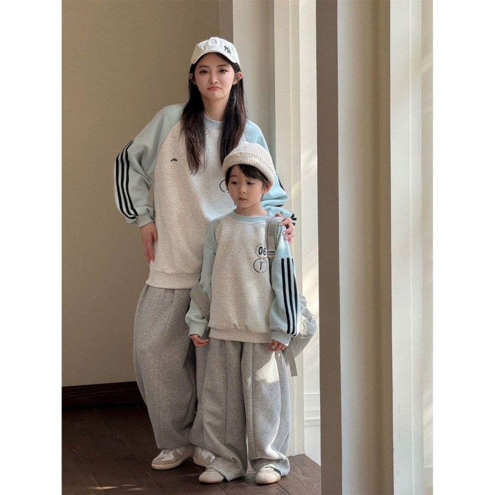 親子裝秋冬拼色字母數字圓領衛衣(不加絨)-成人-細節圖3