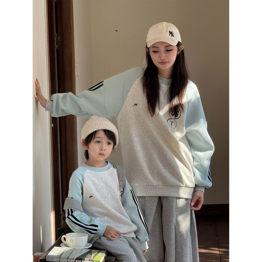 親子裝秋冬拼色字母數字圓領衛衣(不加絨)-成人-規格圖5