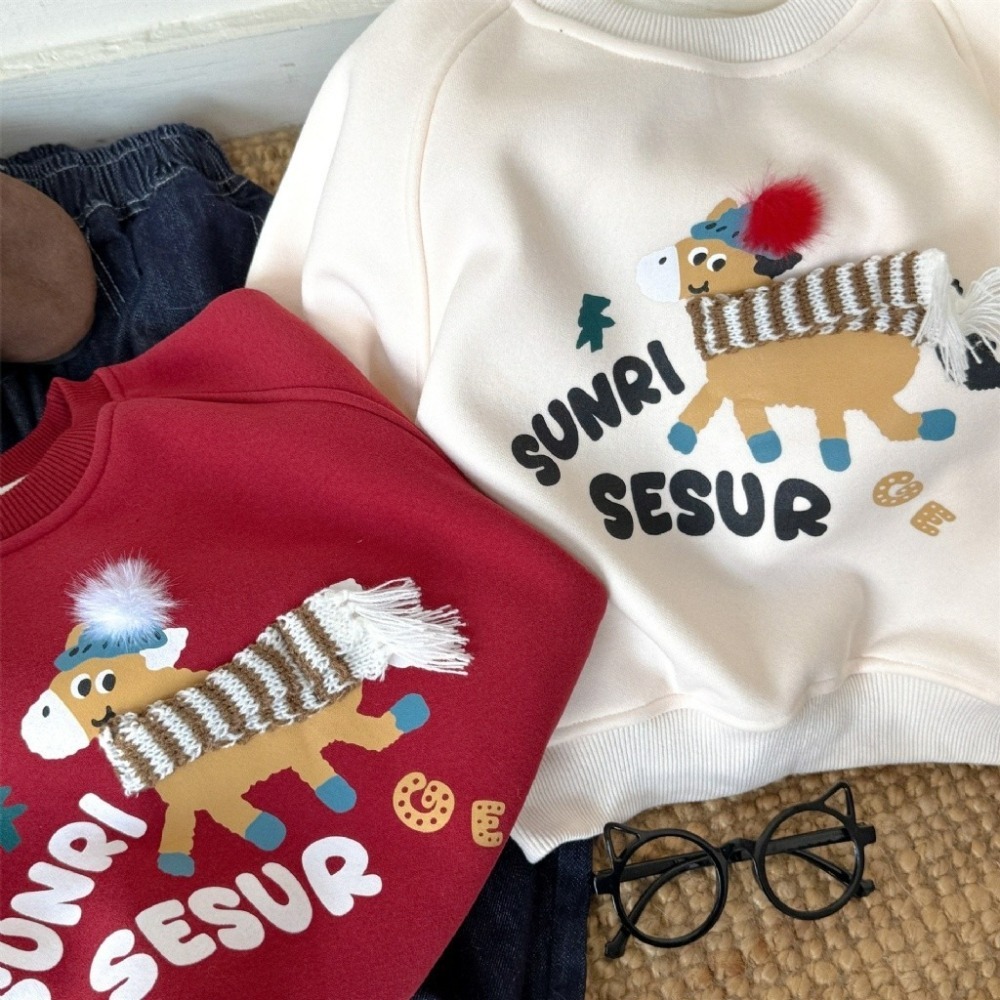 親子裝秋冬馬年圓領衛衣(加絨)-兒童-細節圖7