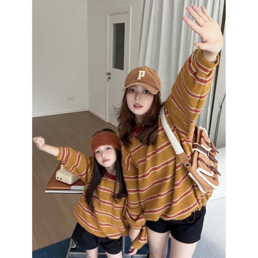 親子裝秋冬撞色條紋親子軟糯針織毛衣-兒童-細節圖3