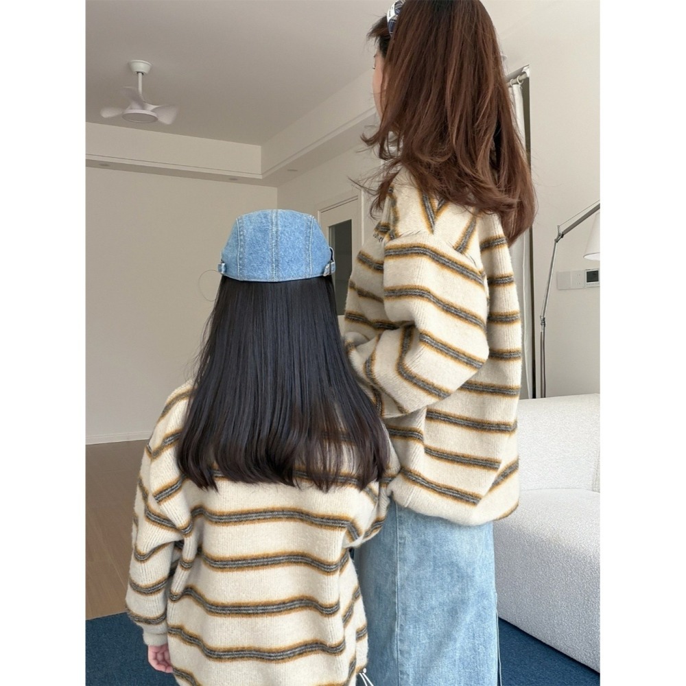親子裝秋冬撞色條紋親子軟糯針織毛衣-兒童-細節圖5