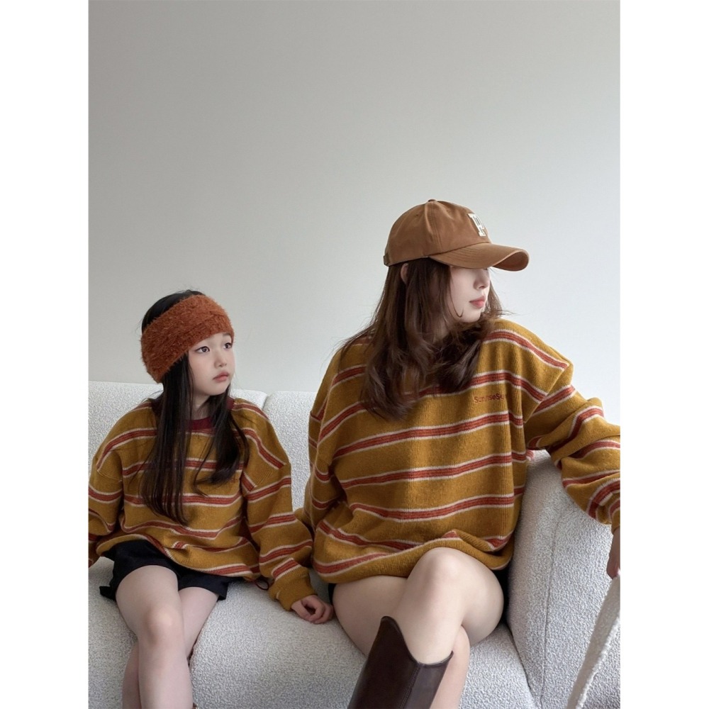 親子裝秋冬撞色條紋親子軟糯針織毛衣-成人-細節圖2
