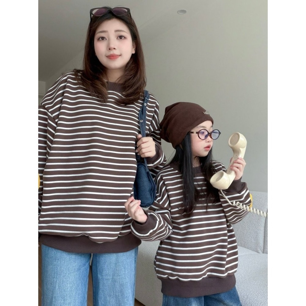 親子裝歡樂笑臉・條紋圓領衛衣(不加絨)-成人-細節圖3