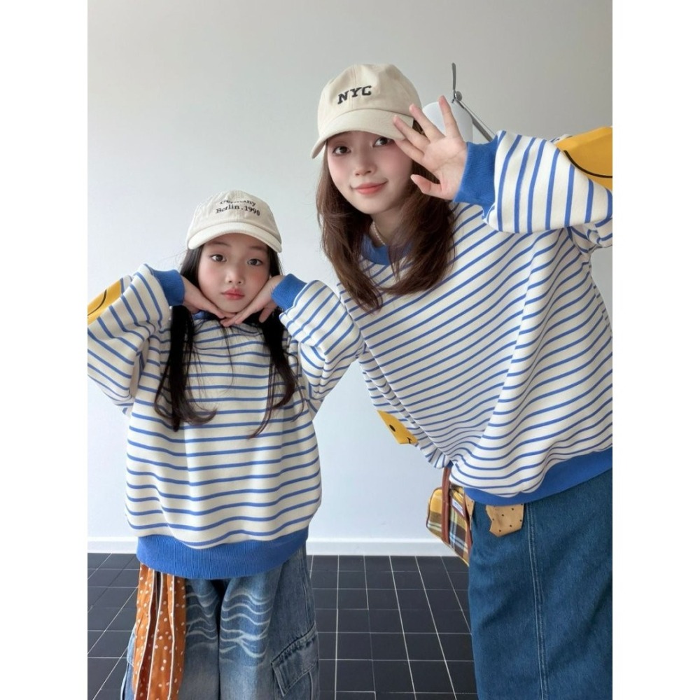 親子裝歡樂笑臉・條紋圓領衛衣(不加絨)-成人-細節圖4