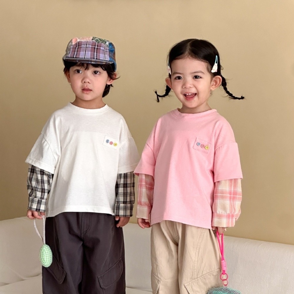 兒童純棉格子假兩件長袖T恤-細節圖2