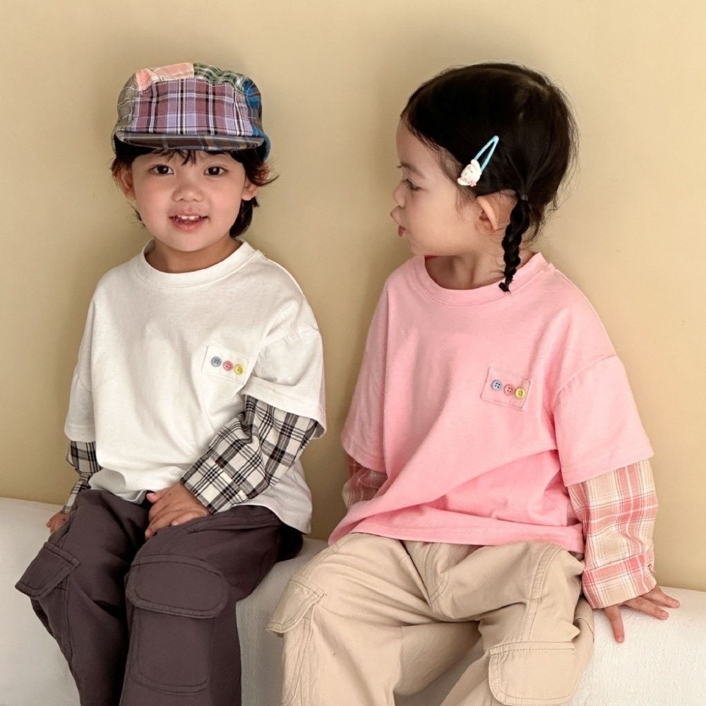 兒童純棉格子假兩件長袖T恤-細節圖3