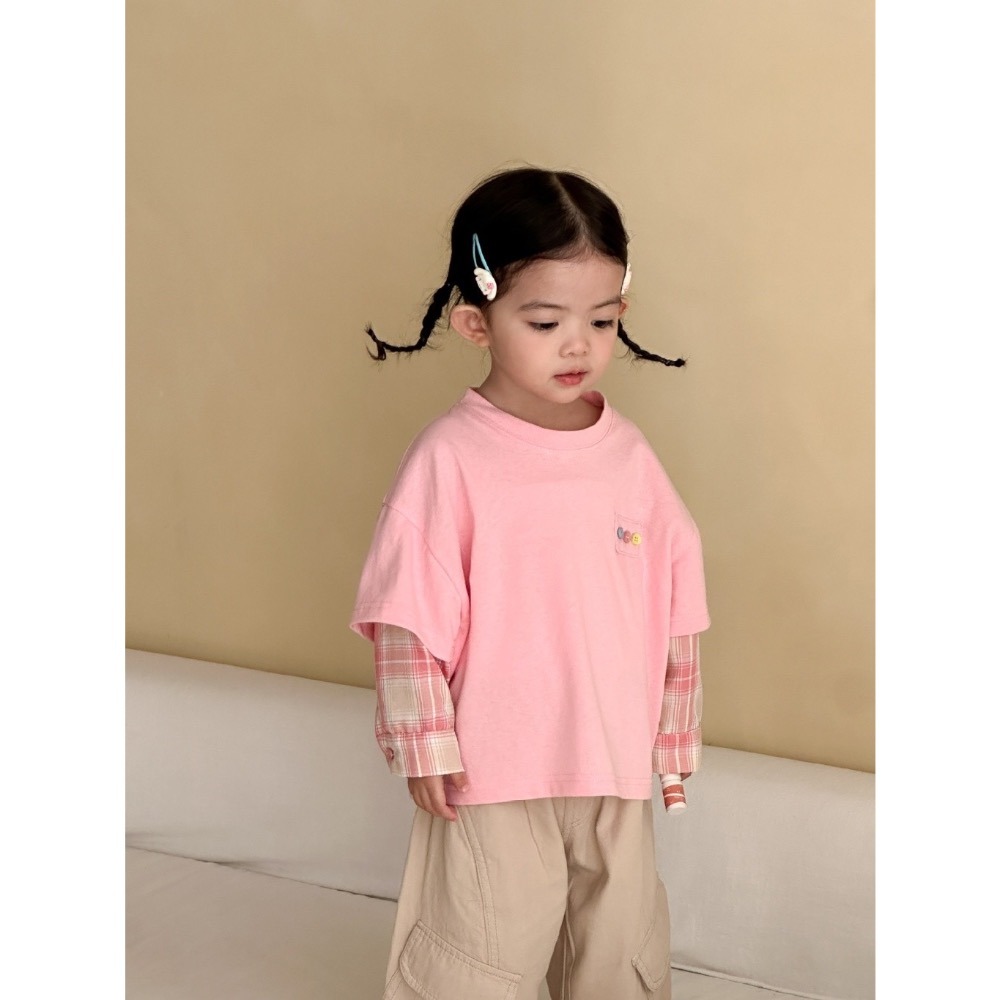 兒童純棉格子假兩件長袖T恤-細節圖4