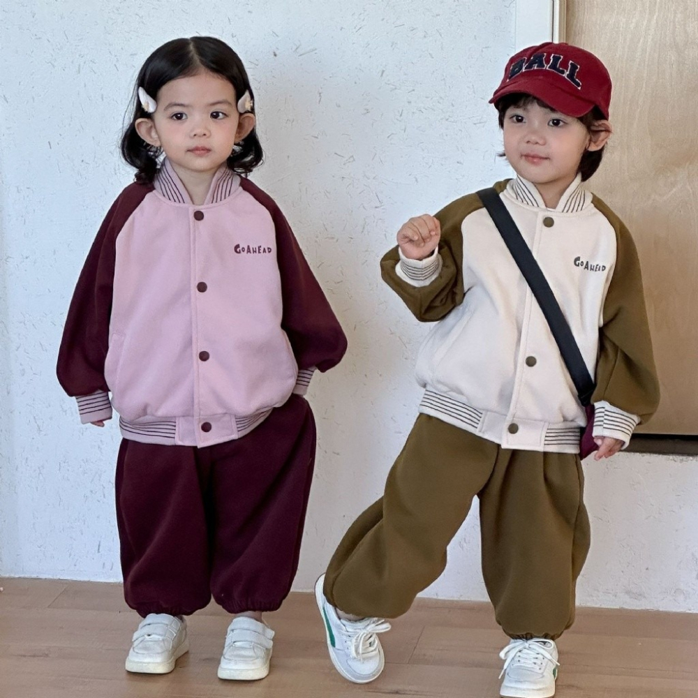 兒童撞色條紋休閒棒球外套衛褲套裝-細節圖2