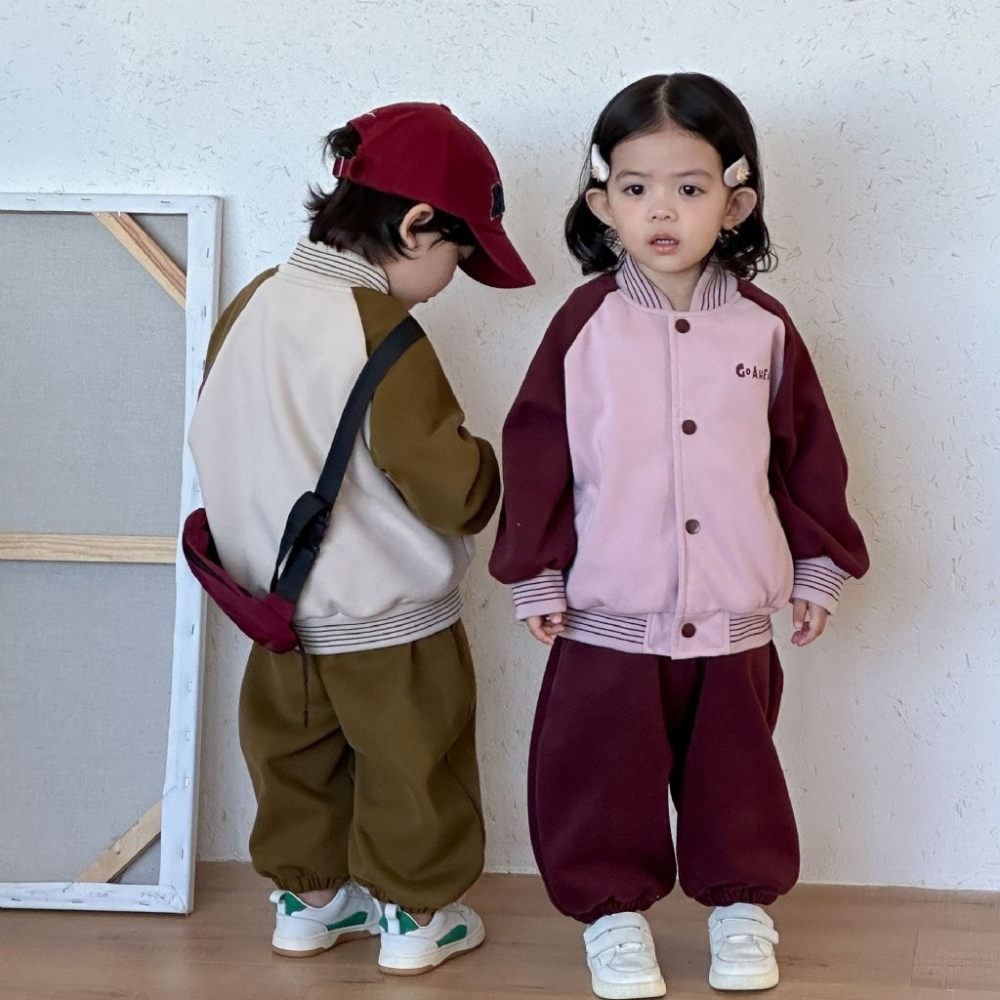 兒童撞色條紋休閒棒球外套衛褲套裝-細節圖3