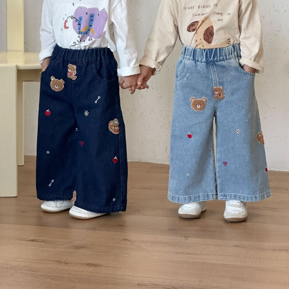兒童小熊休閒直筒牛仔闊腿褲-細節圖3