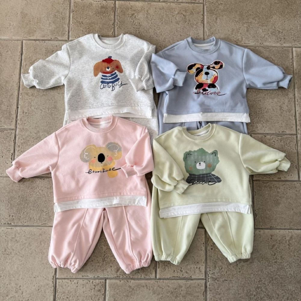 兒童動物塗鴉假兩件運動休閒衛衣套裝-細節圖10