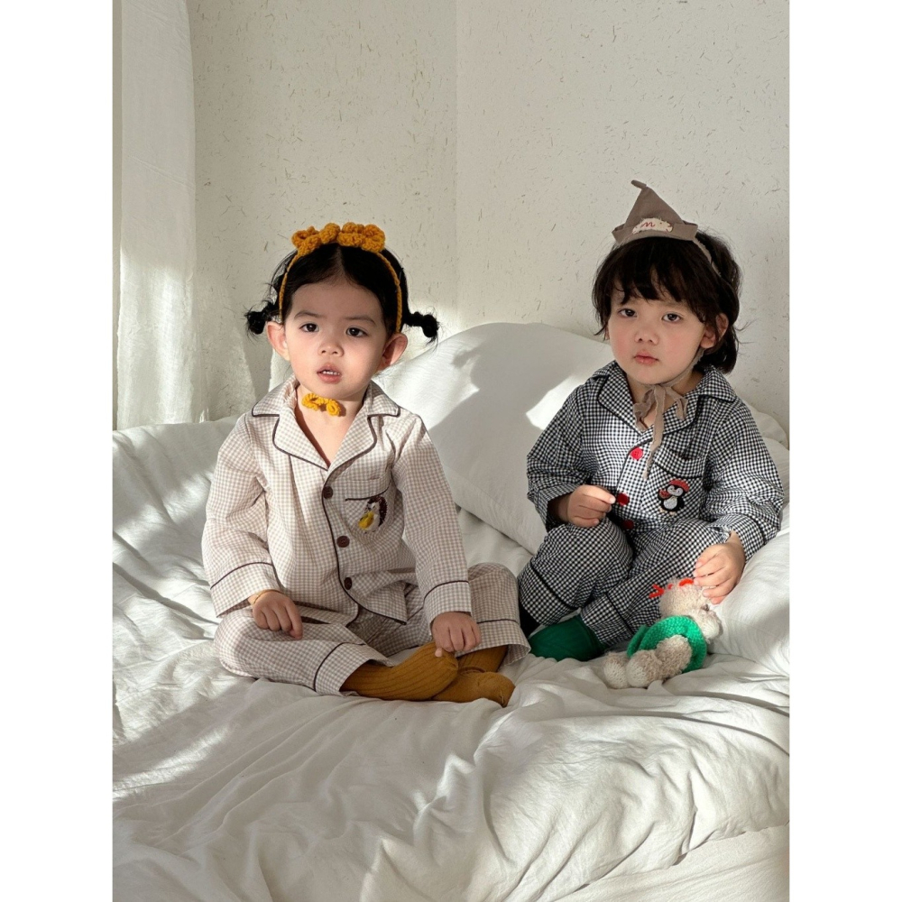 兒童純棉格子卡通刺繡長袖睡衣套裝-細節圖2
