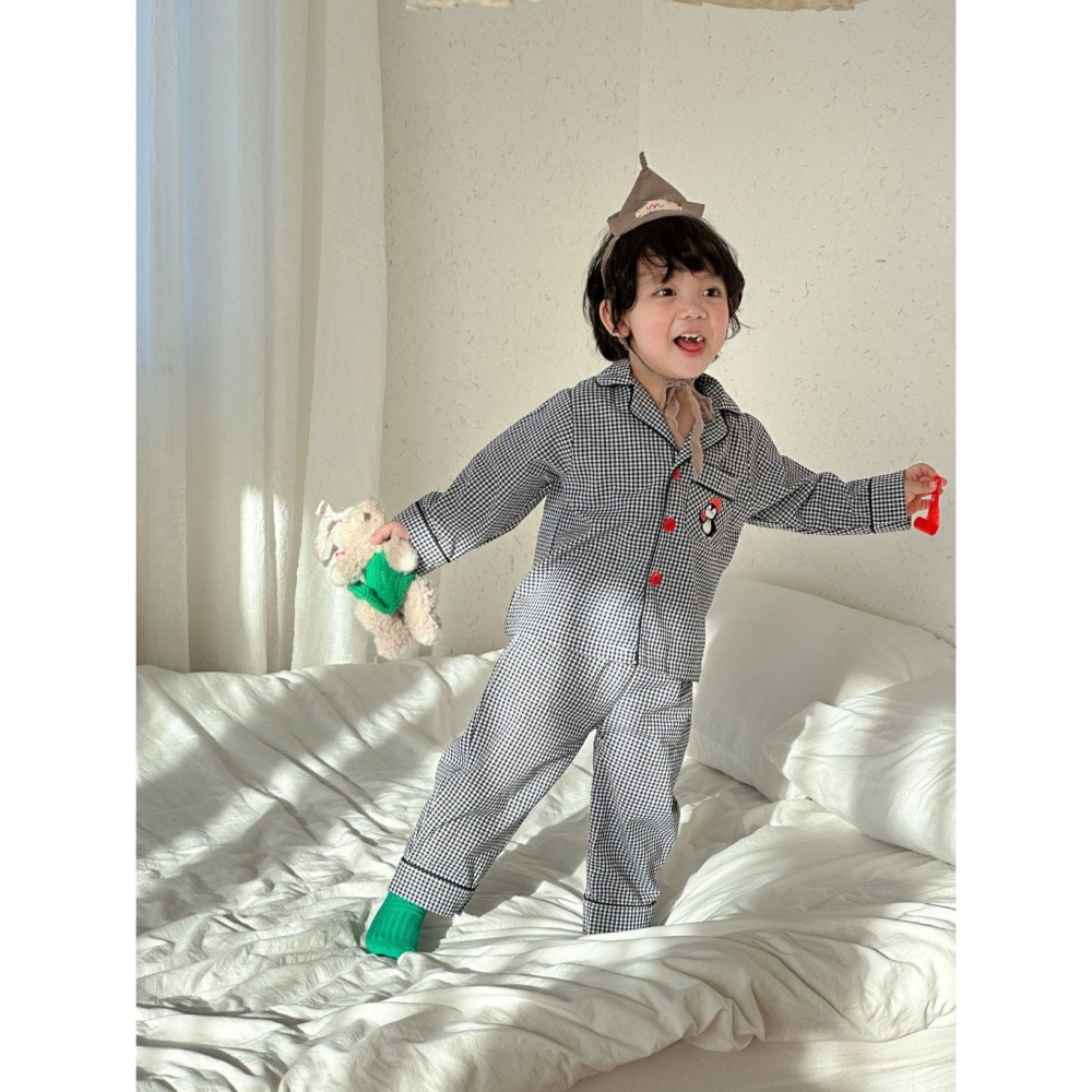 兒童純棉格子卡通刺繡長袖睡衣套裝-細節圖4
