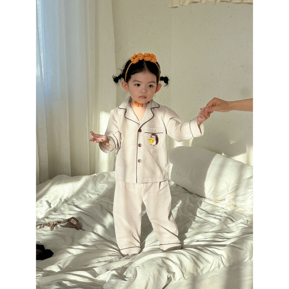 兒童純棉格子卡通刺繡長袖睡衣套裝-細節圖6
