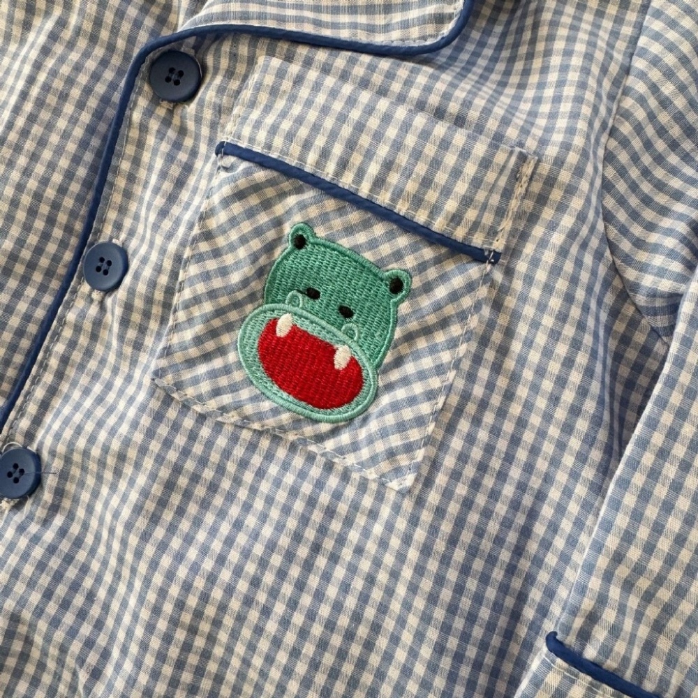 兒童純棉格子卡通刺繡長袖睡衣套裝-細節圖9