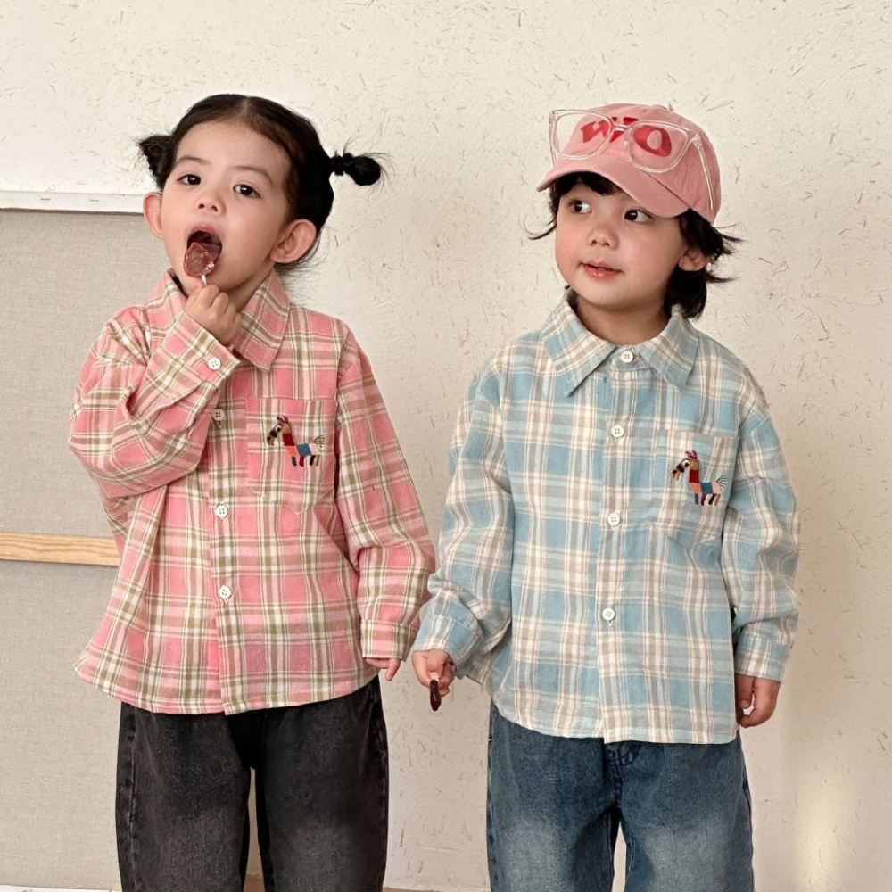 兒童刺繡小馬格子長袖襯衫-細節圖2