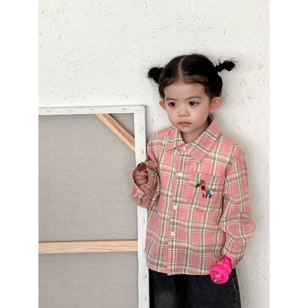 兒童刺繡小馬格子長袖襯衫-細節圖4