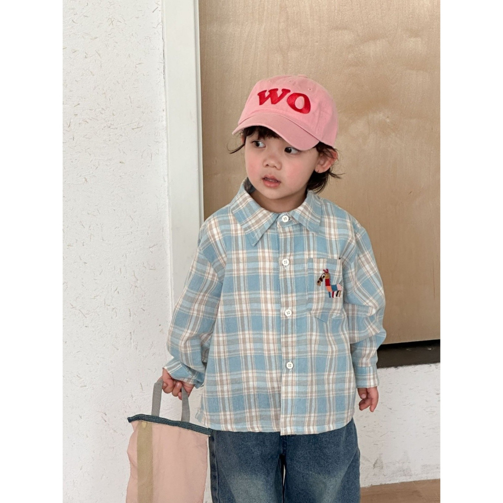 兒童刺繡小馬格子長袖襯衫-細節圖5