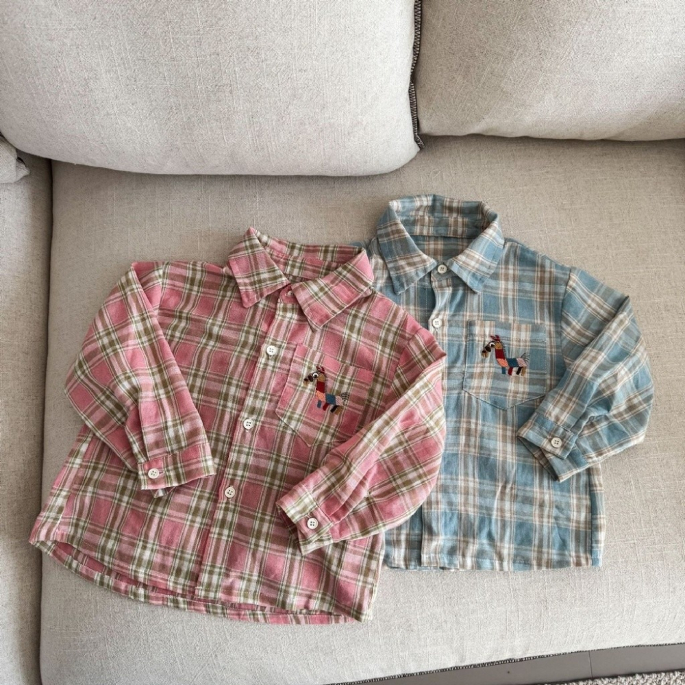 兒童刺繡小馬格子長袖襯衫-細節圖6