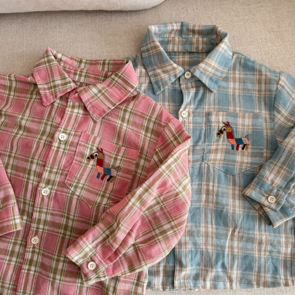 兒童刺繡小馬格子長袖襯衫-細節圖7