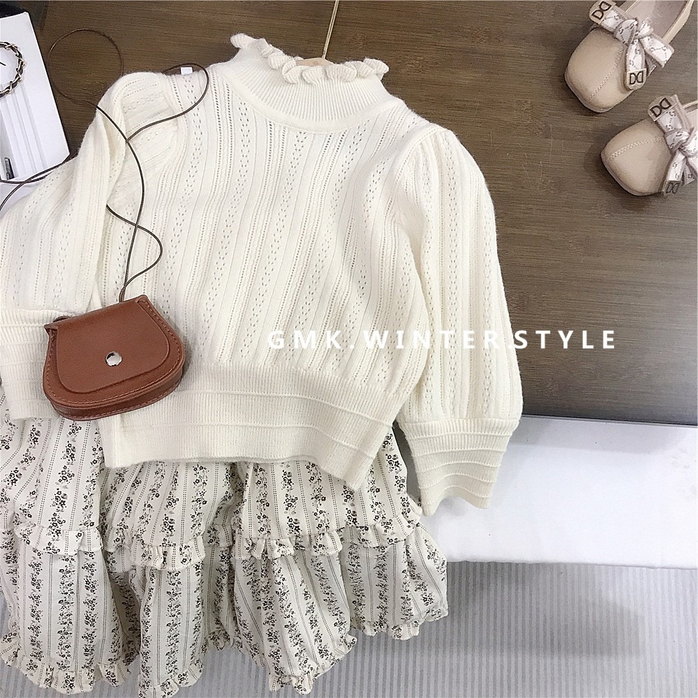 GMK女童半高領木耳邊針織上衣/碎花蛋糕裙-細節圖2