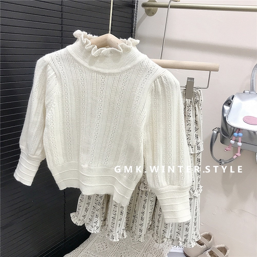 GMK女童半高領木耳邊針織上衣/碎花蛋糕裙-細節圖3