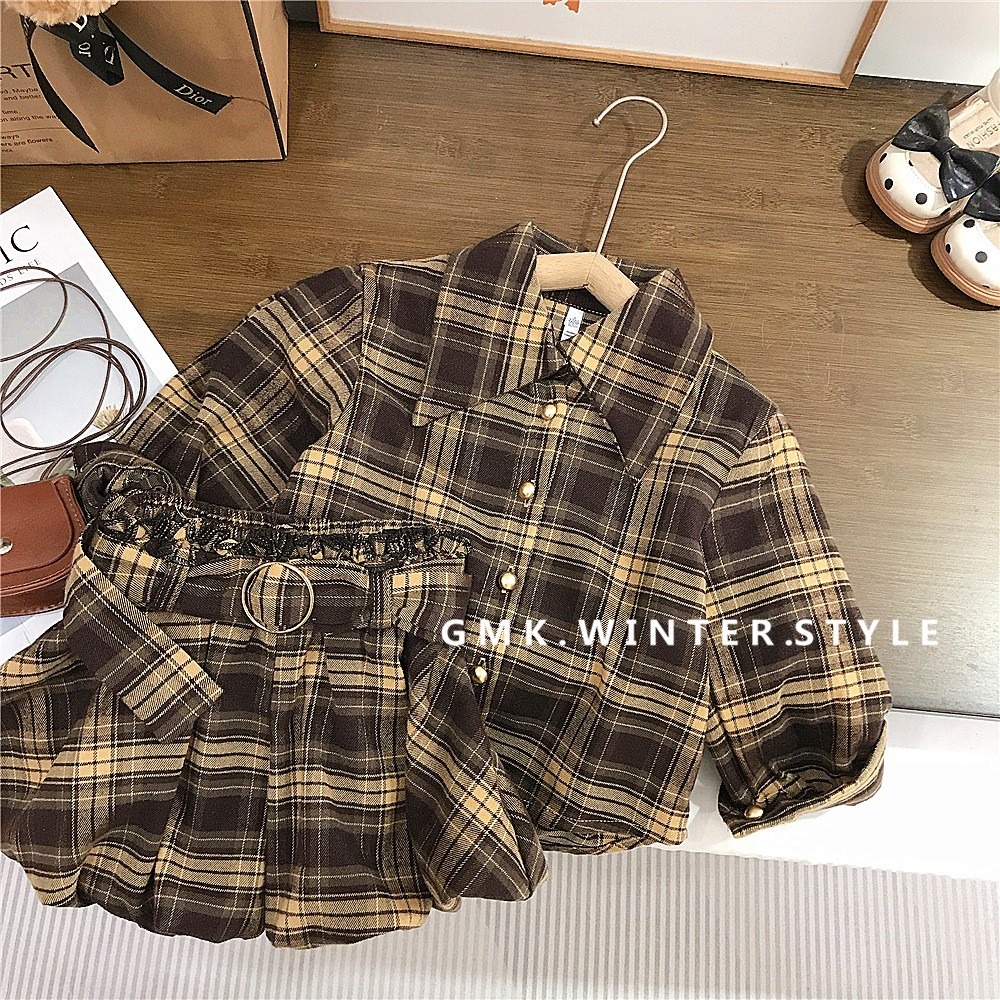 GMK女童美拉德復古格紋翻領襯衫花苞褲套裝-細節圖4