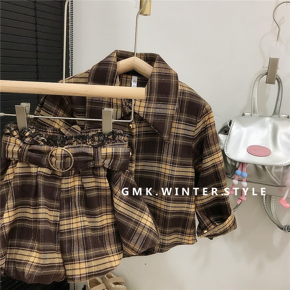 GMK女童美拉德復古格紋翻領襯衫花苞褲套裝-細節圖5