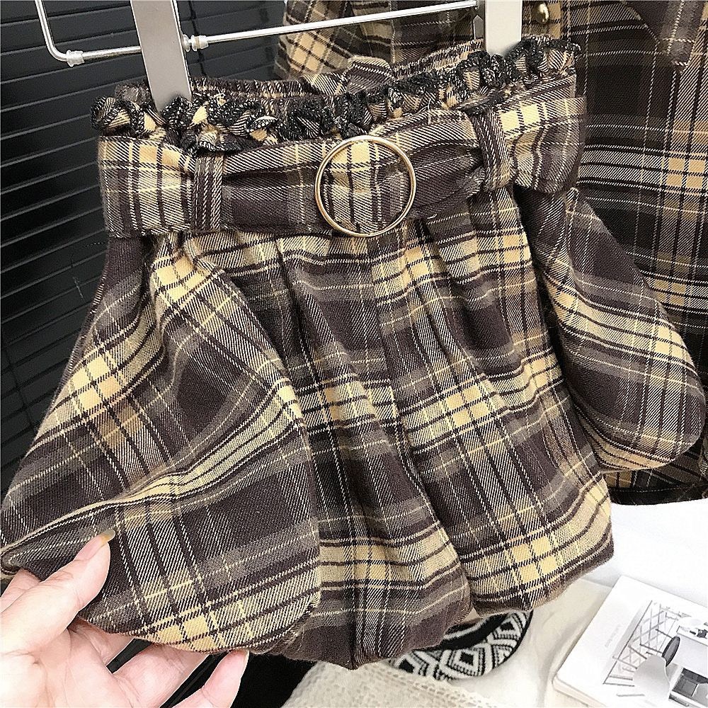 GMK女童美拉德復古格紋翻領襯衫花苞褲套裝-細節圖9