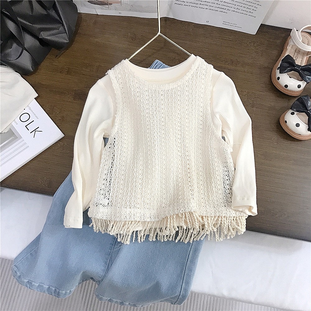 GMK女童流蘇背心/米色上衣/豎毛邊闊腿牛仔褲/純色淺藍喇叭褲-細節圖2