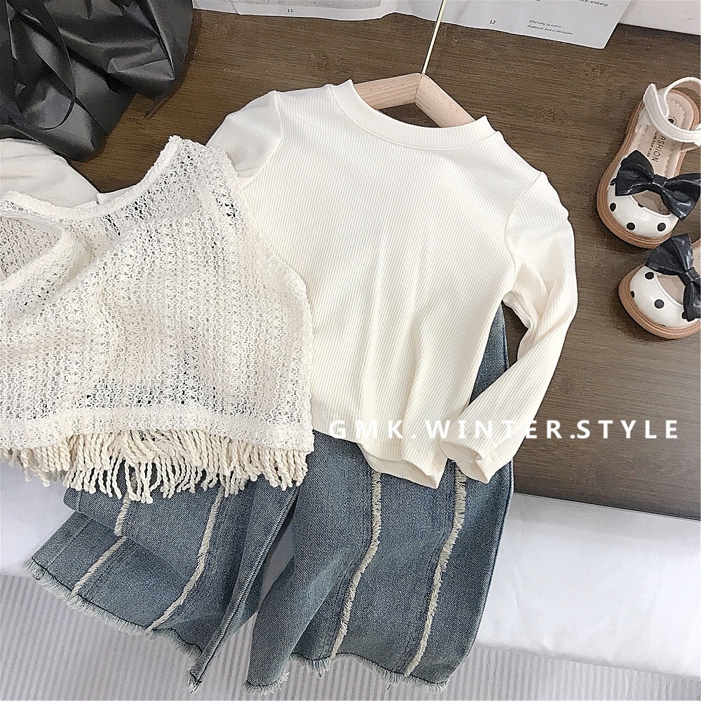 GMK女童流蘇背心/米色上衣/豎毛邊闊腿牛仔褲/純色淺藍喇叭褲-細節圖3