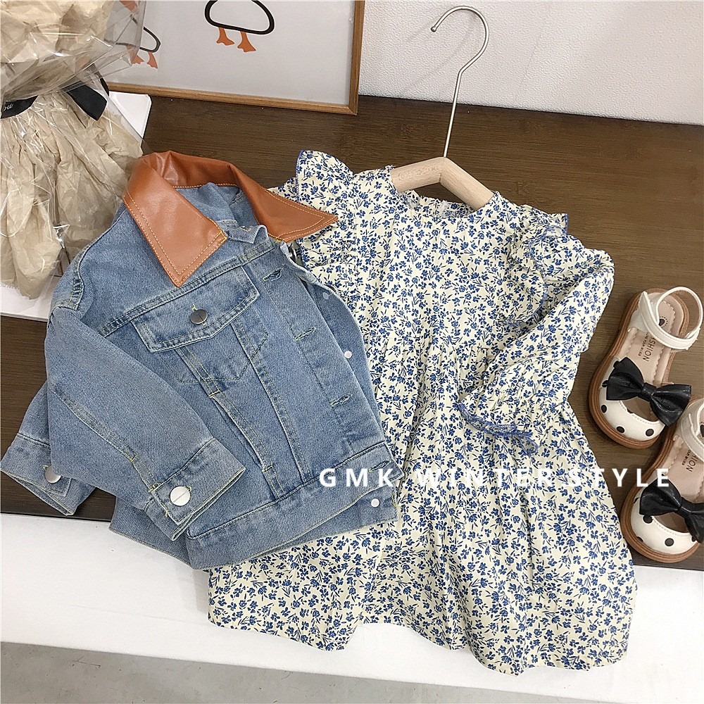 GMK女童港風皮領牛仔外套/碎花連衣裙-細節圖2