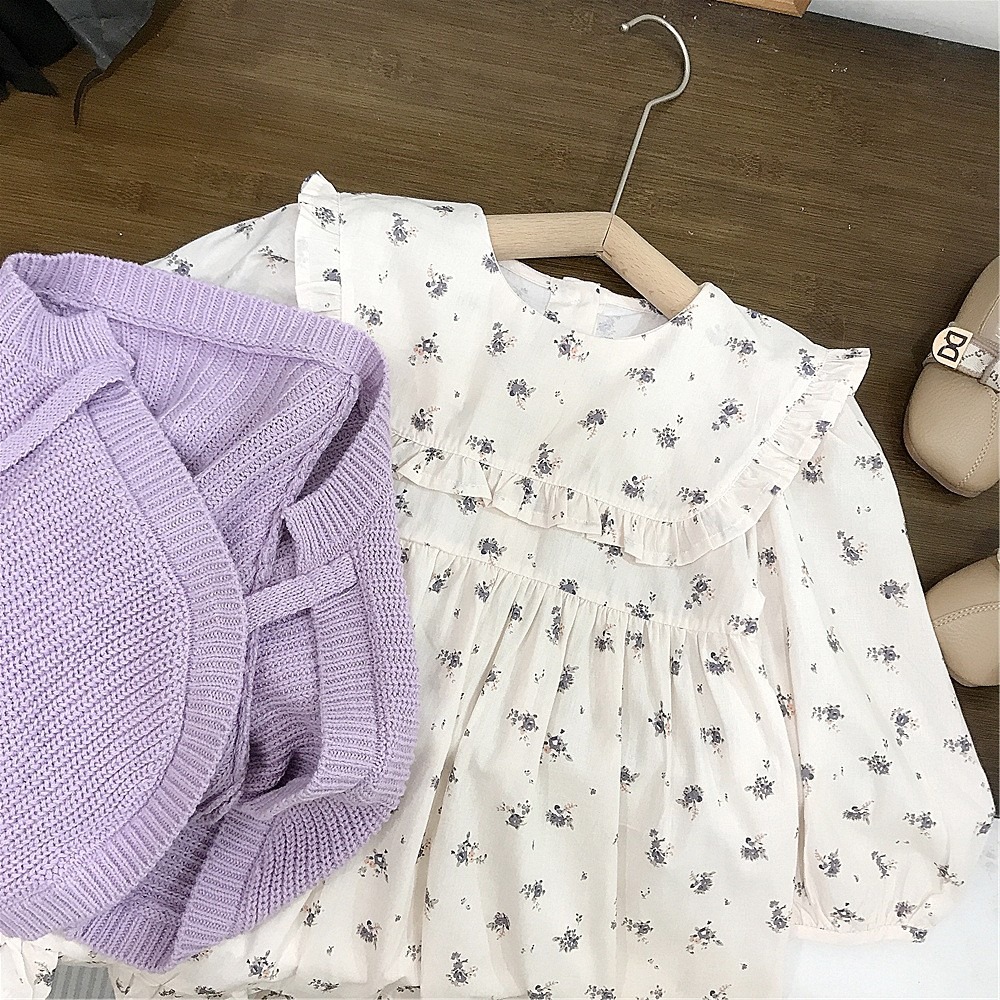 GMK女童方領碎花長袖連衣裙/紫色毛衣外套-細節圖4