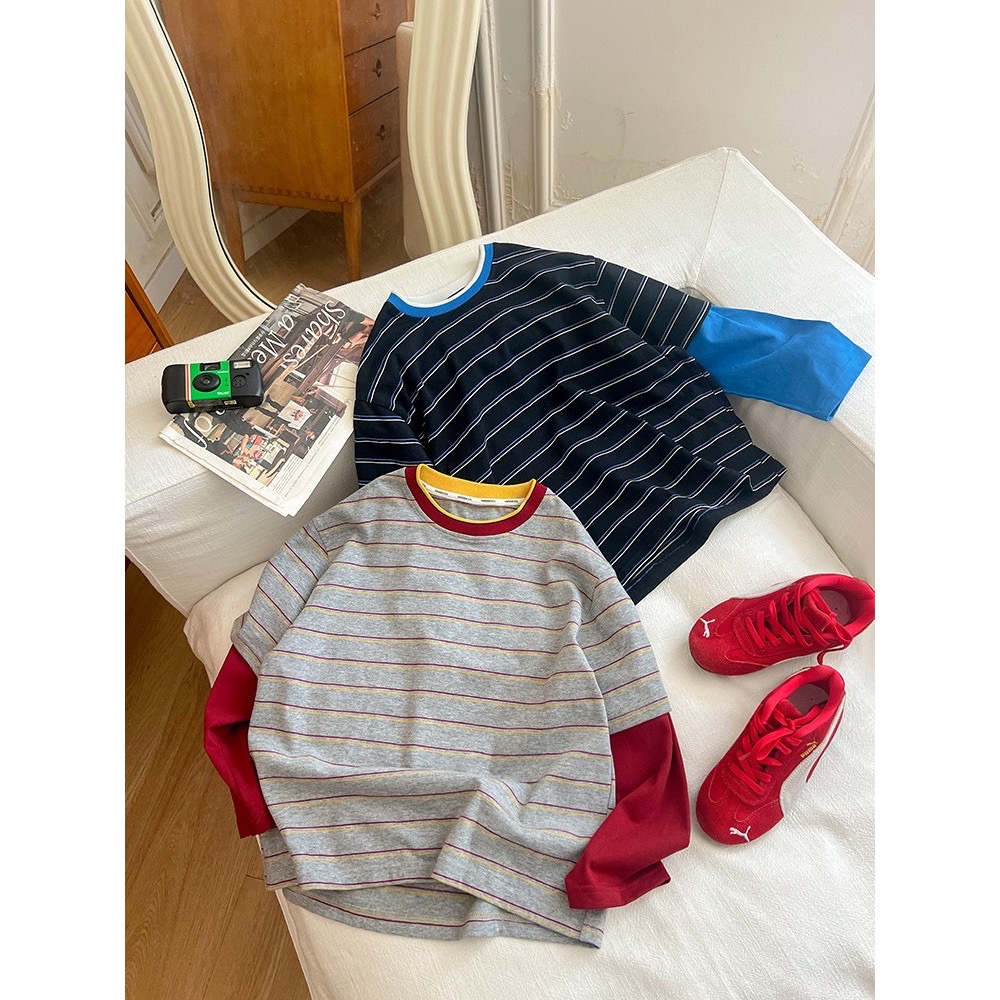 Ambb.kids 春秋兒童撞色拼接袖條紋長袖T恤-細節圖2