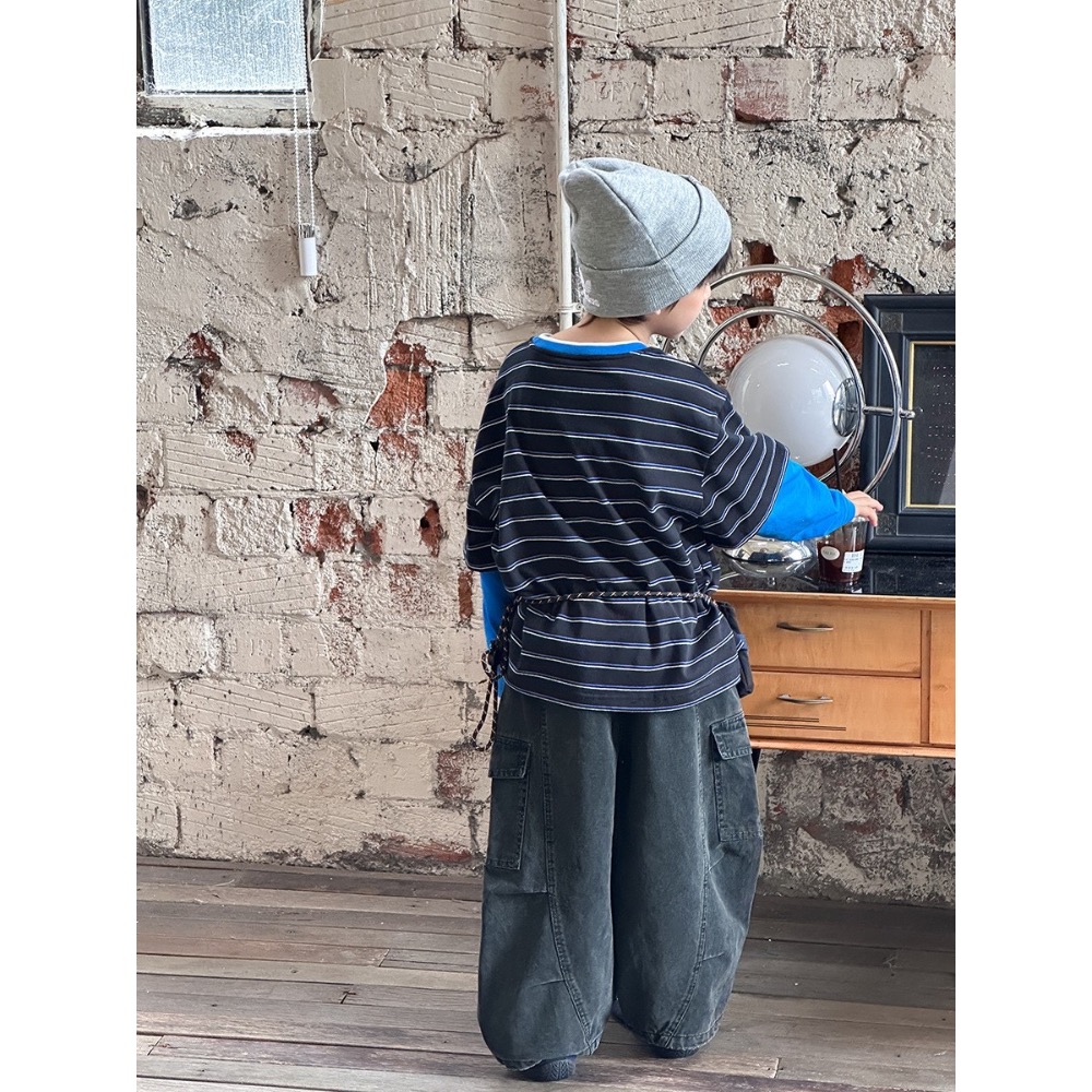 Ambb.kids 春秋兒童撞色拼接袖條紋長袖T恤-細節圖4