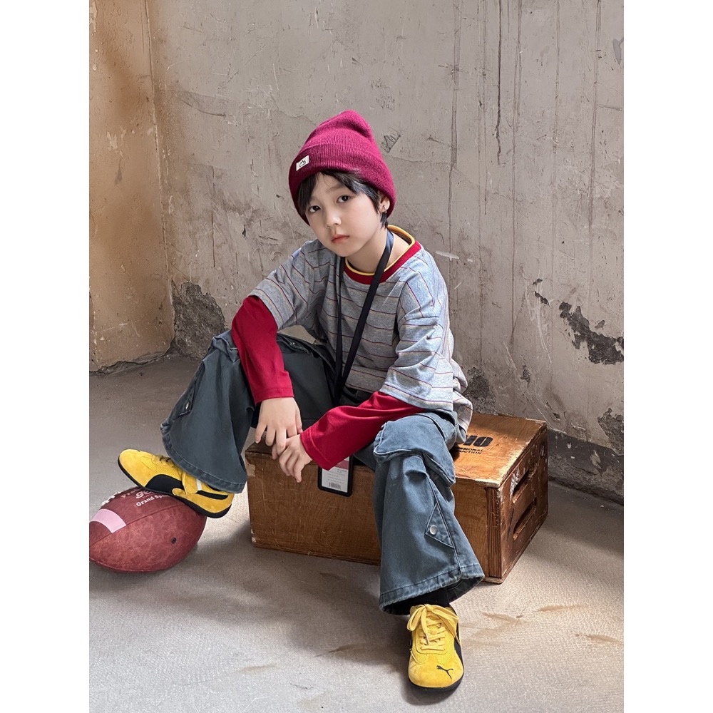 Ambb.kids 春秋兒童撞色拼接袖條紋長袖T恤-細節圖6